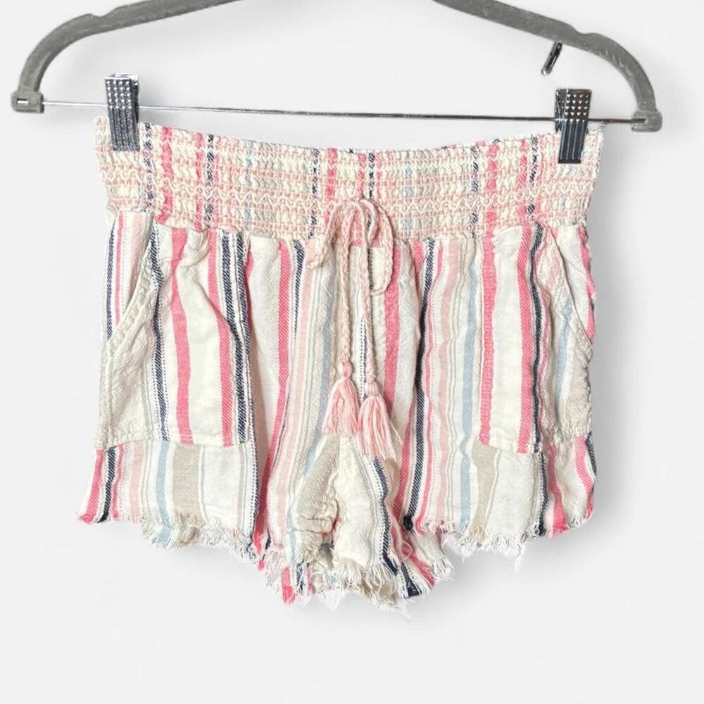 Rewash Linen Blend Striped Smocked Waist Shorts Tassel Frayed Hem Pink Large